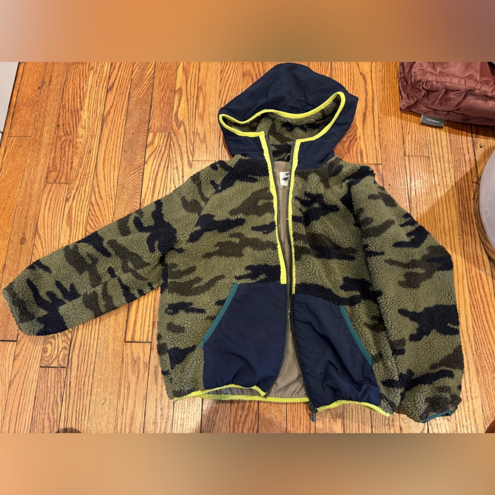 ZARA KIDS Camouflage Hooded Jacket with Neon Trim TEDDY BEAR COAT  fleece 11/12